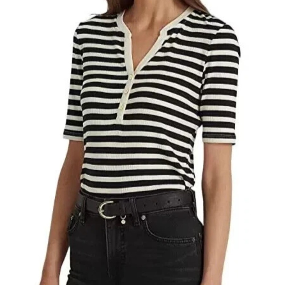 Lauren Ralph Lauren Black And White Striped Henley Tee